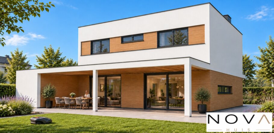 Moderne kubistische woning K-91 met plat dak van NOVA HUIS
