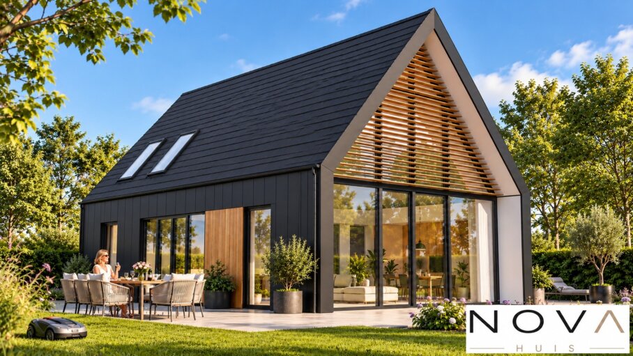 Luxe schuurwoning KS-121 met antraciet HPL-gevel, zadeldak, houten lamellen en groot tuinterras