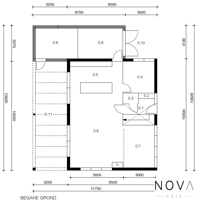 Plattegrond moderne kubistische woning K-91 met flexibele indeling