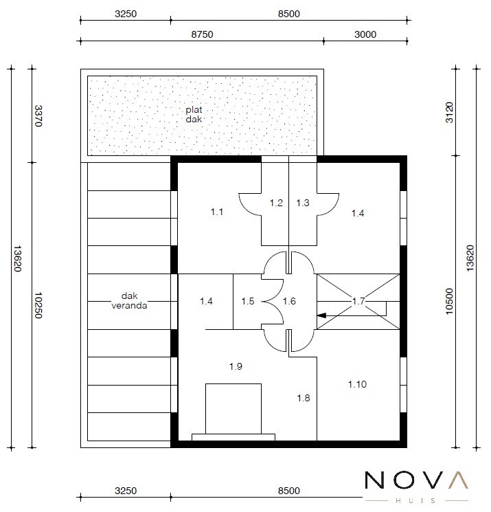 Plattegrond moderne kubistische woning K-91 met flexibele indeling