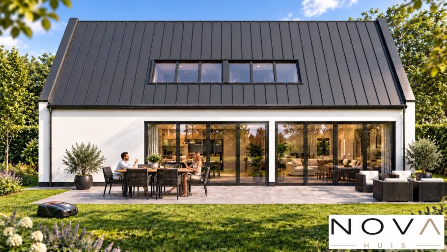 Moderne levensloopbestendige woning KAP-123 met zwart felsdak, grote glaspartijen en tuinterras