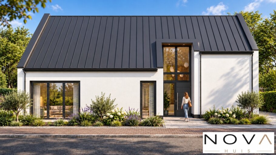 Moderne levensloopbestendige woning KAP-123 met zwart felsdak, grote glaspartijen en tuinterras