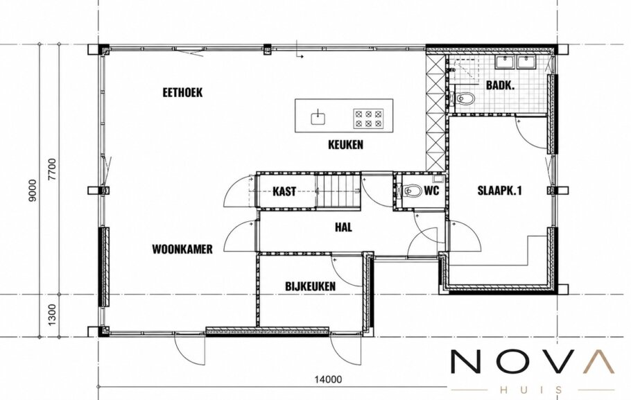 Plattegrond levensloopbestendige woning KAP-123 met slaapkamer en badkamer beneden
