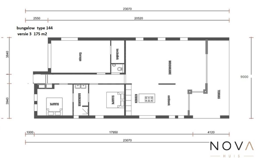 plattegronden en indelingen ontwerp Moderne gelijkvloerse woning A-144 met leefkeuken, grote glaspartijen en inpandige garage
