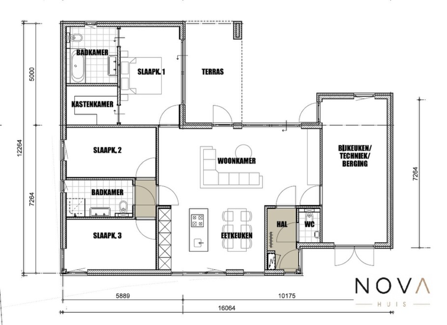 Plattegrond en indeling moderne bungalow NOVA HUIS A-191 met garage