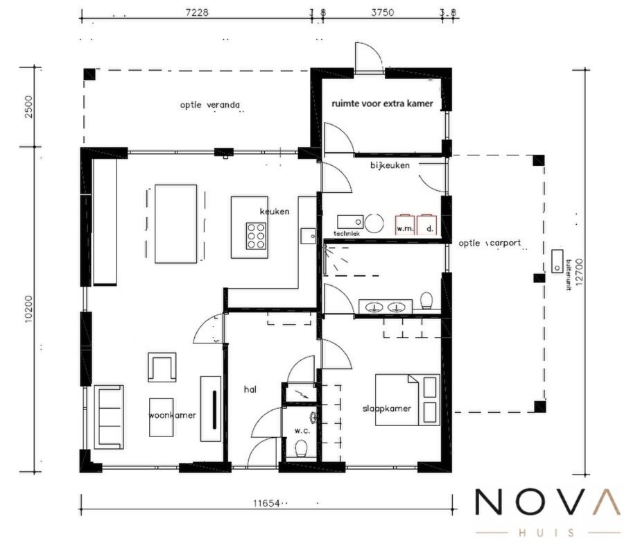 plattegronden en indelingen van ontwerp gelijkvloerse woning A-184