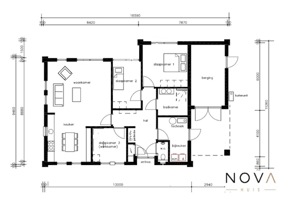 bekijk NOVA-HUIS A157 plattegrond gelijkvloerse platdak bungalow 