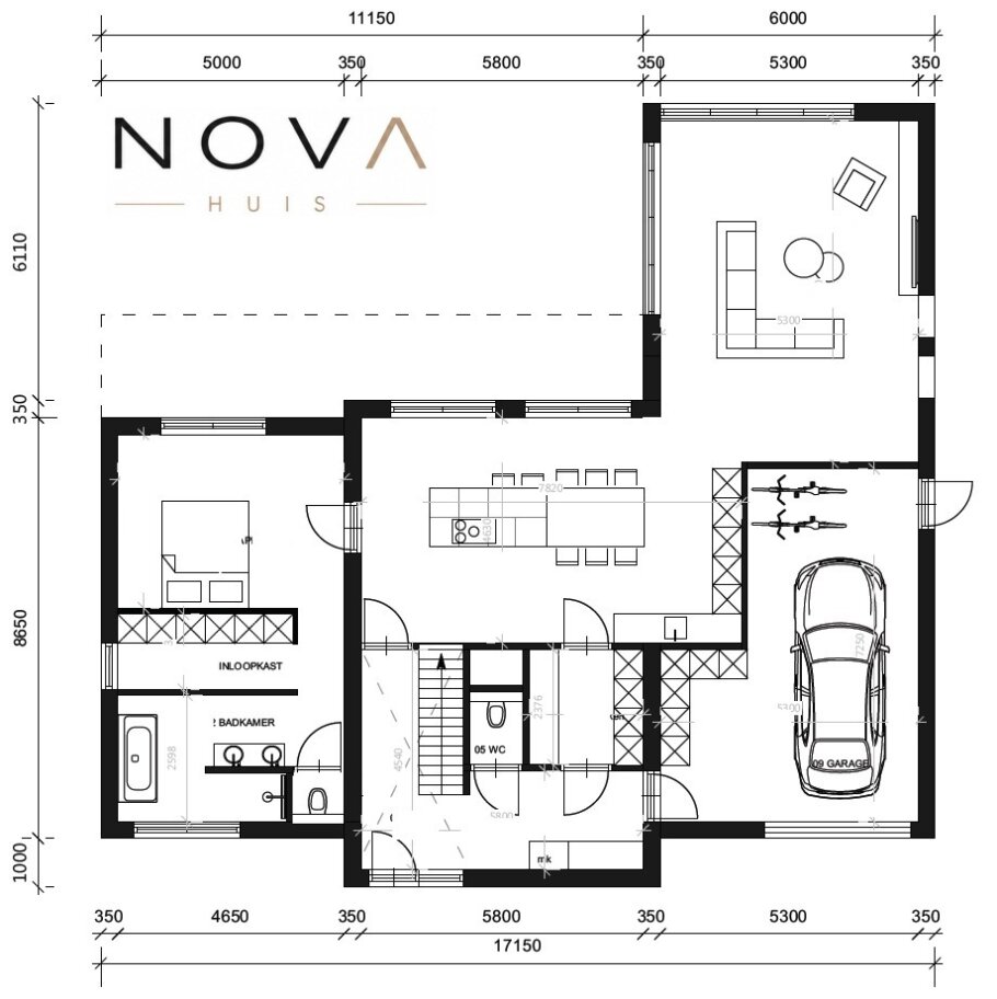 bekijk de plattegronden en indelingen van Moderne kubistische woning K-401 met plat dak, inpandige garage en grote glaspartijen