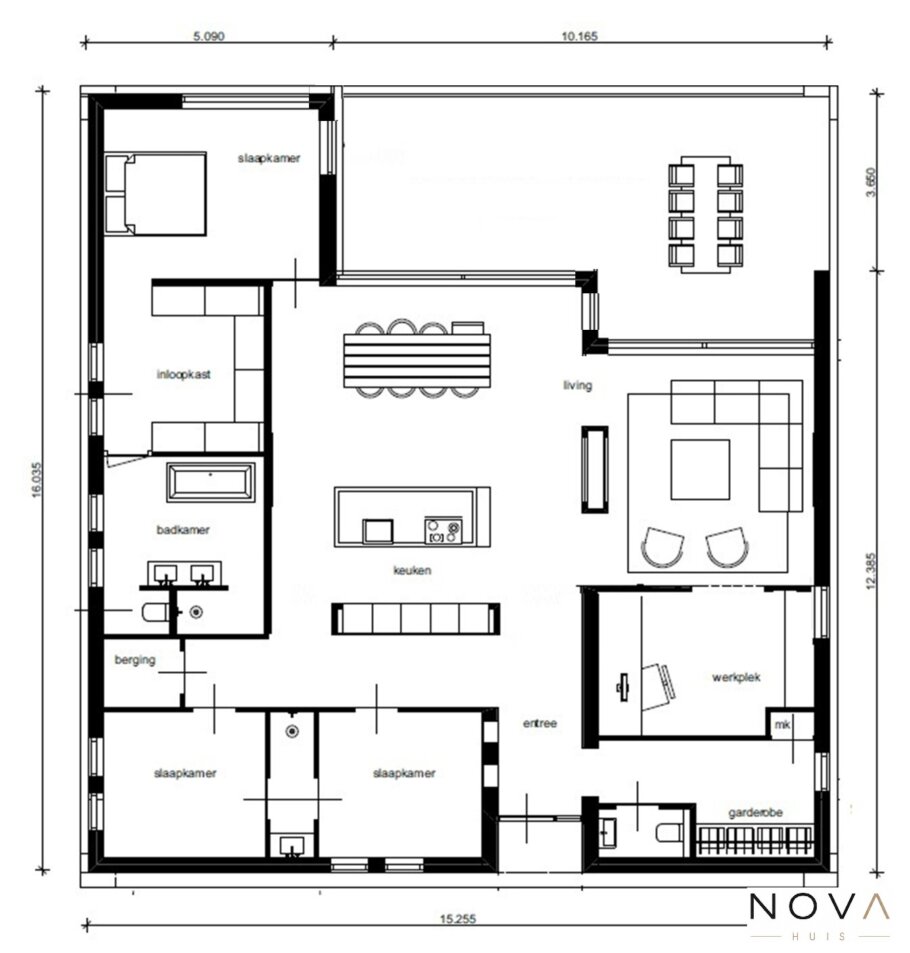 Plattegrond en indeling Moderne gelijkvloerse woning A-42 met plat dak en groot terras
