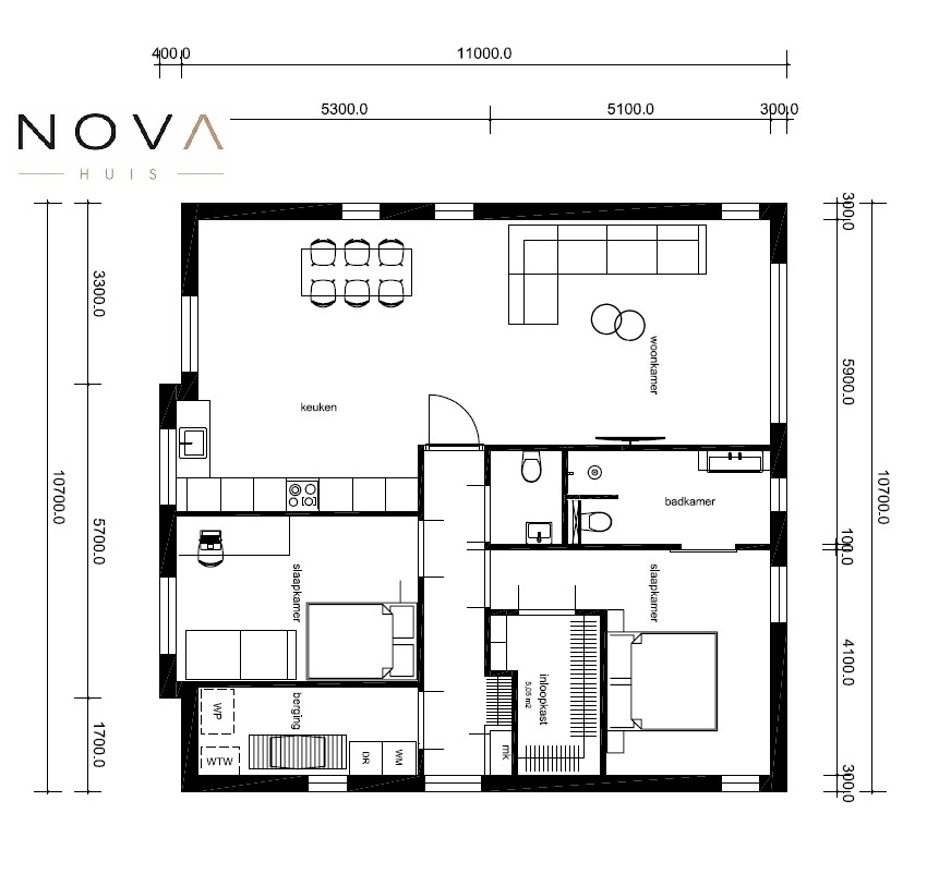 NOVA-HUIS kleine bungalow staalframebouw alles gelijkvloers plat dak energiearm B60