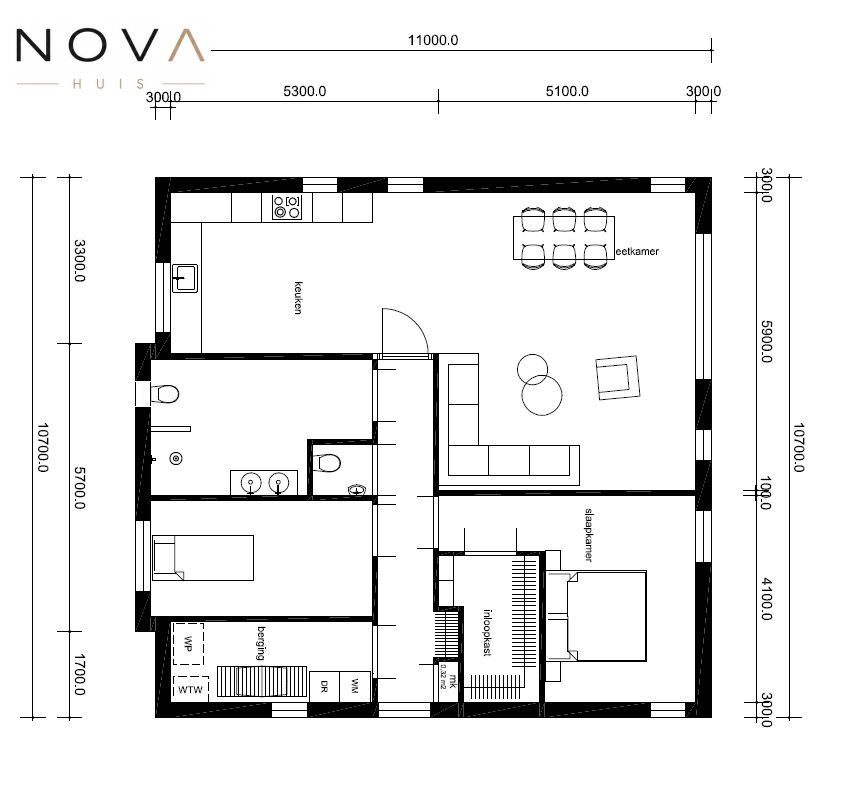 NOVA-HUIS kleine bungalow staalframebouw alles gelijkvloers plat dak energiearm B60