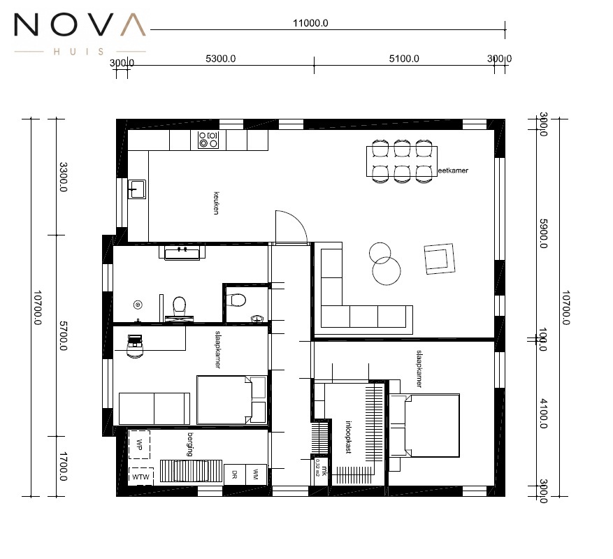 NOVA-HUIS kleine bungalow staalframebouw alles gelijkvloers plat dak energiearm B60