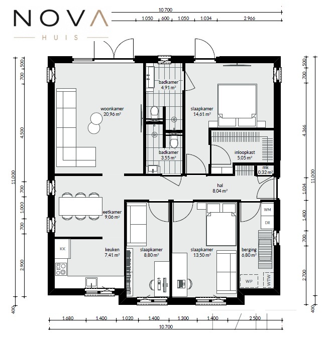 NOVA-HUIS kleine bungalow staalframebouw alles gelijkvloers plat dak energiearm B60