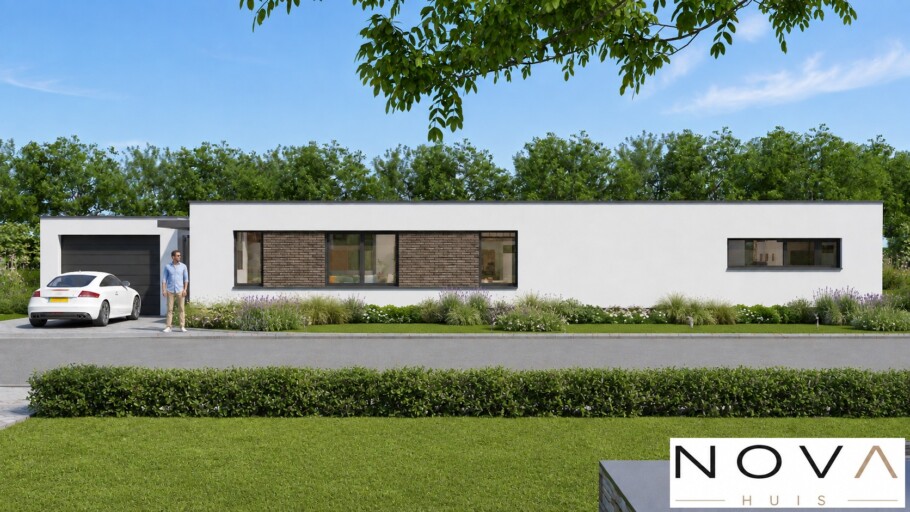 NOVAHUIS A162 duurzame bouw in staalframe  gelijkvloerse bungalow met plat dak