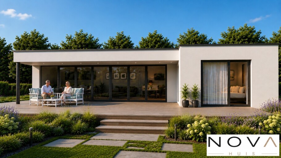 NOVAHUIS A162 duurzame bouw in staalframe  gelijkvloerse bungalow met plat dak