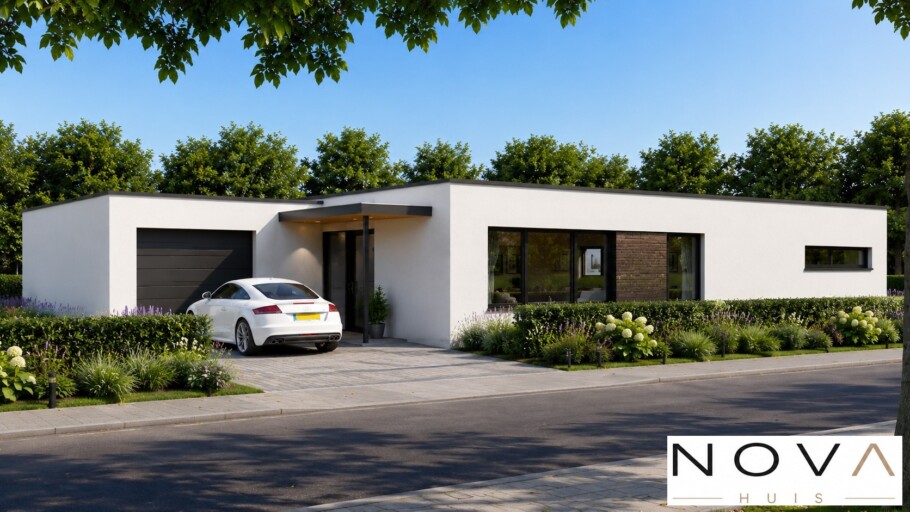 NOVAHUIS A162 duurzame bouw in staalframe  gelijkvloerse bungalow met plat dak