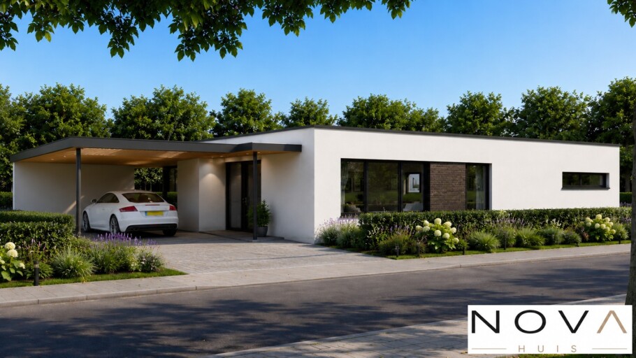 NOVAHUIS A162 duurzame bouw in staalframe  gelijkvloerse bungalow met plat dak