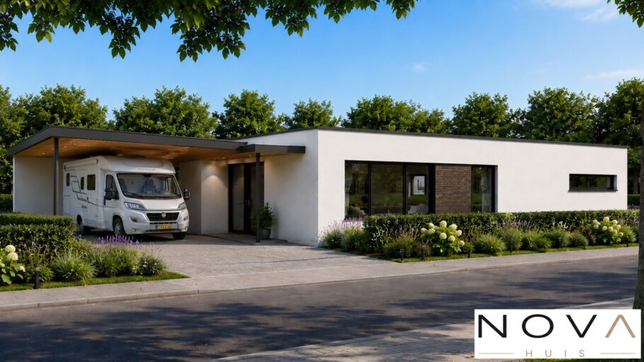 NOVAHUIS A162 duurzame bouw in staalframe  gelijkvloerse bungalow met plat dak