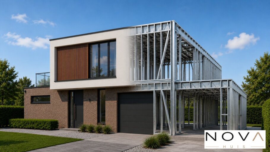 Moderne kubistische villa K-377 met hoge woonkamer en levensloopbestendige indeling van NOVA HUIS