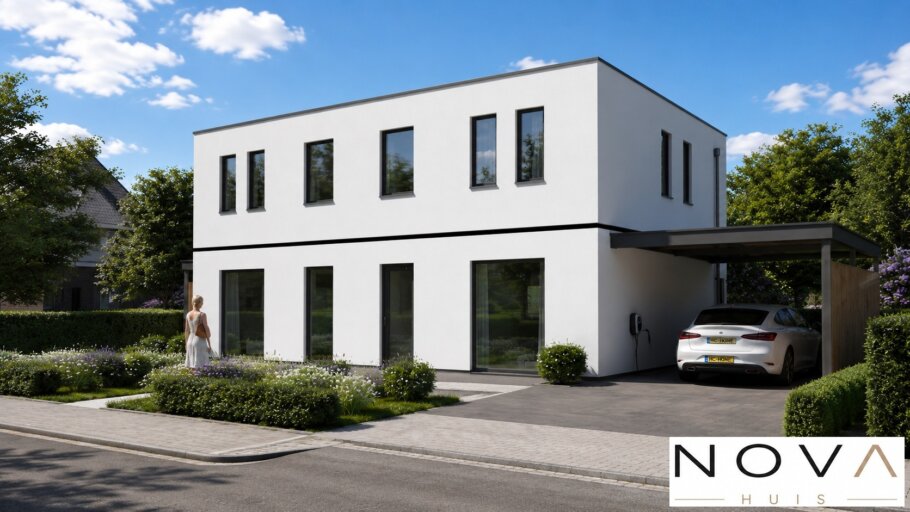 Moderne kubistische geschakelde 2 onder 1 kap woning ontwerp TK49 van NOVA HUIS