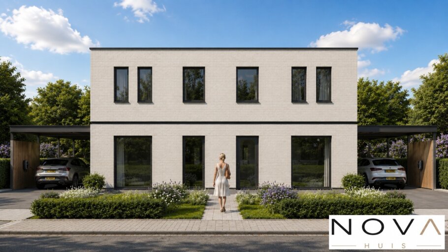 Moderne kubistische geschakelde 2 onder 1 kap woning ontwerp TK49 van NOVA HUIS