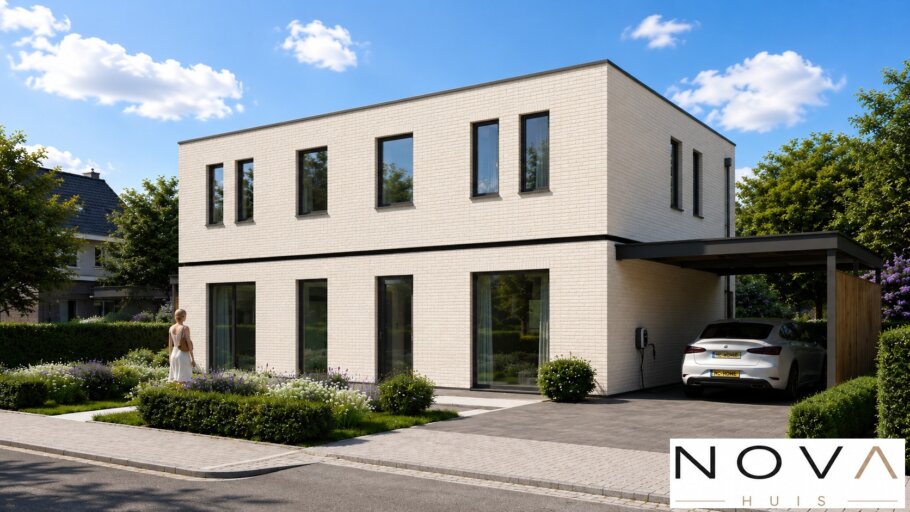 Moderne kubistische geschakelde 2 onder 1 kap woning ontwerp TK49 van NOVA HUIS