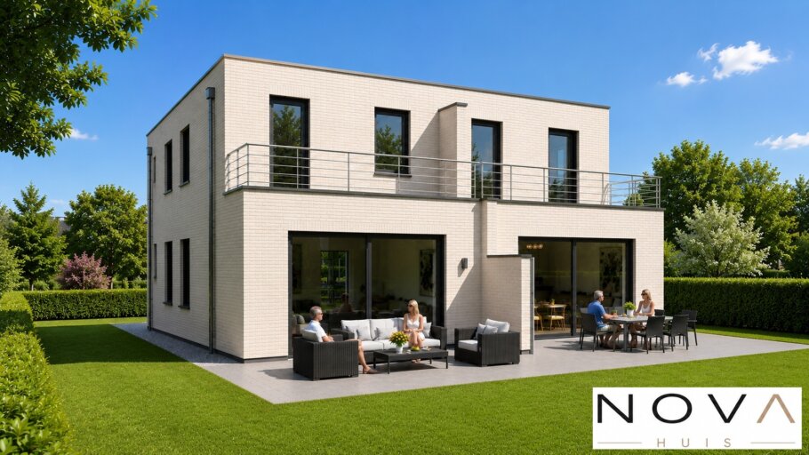 Moderne kubistische geschakelde 2 onder 1 kap woning ontwerp TK49 van NOVA HUIS