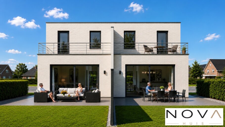 Moderne kubistische geschakelde 2 onder 1 kap woning ontwerp TK49 van NOVA HUIS