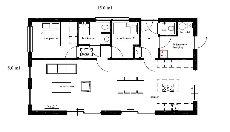 Voorbeeld indeling en plattegrond A-201 bungalow met lage kap